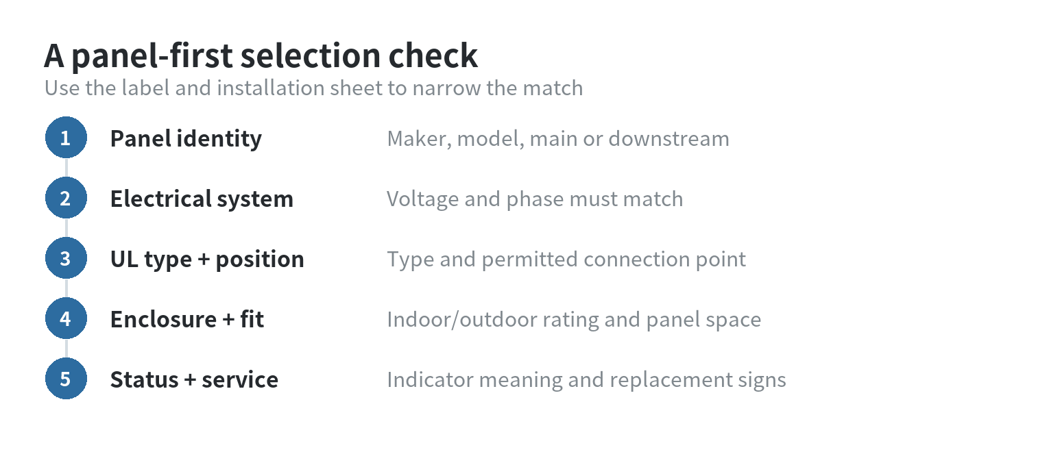 Decision path for selecting a whole-house surge protector by panel system, UL type, installation position, enclosure, and status indicator