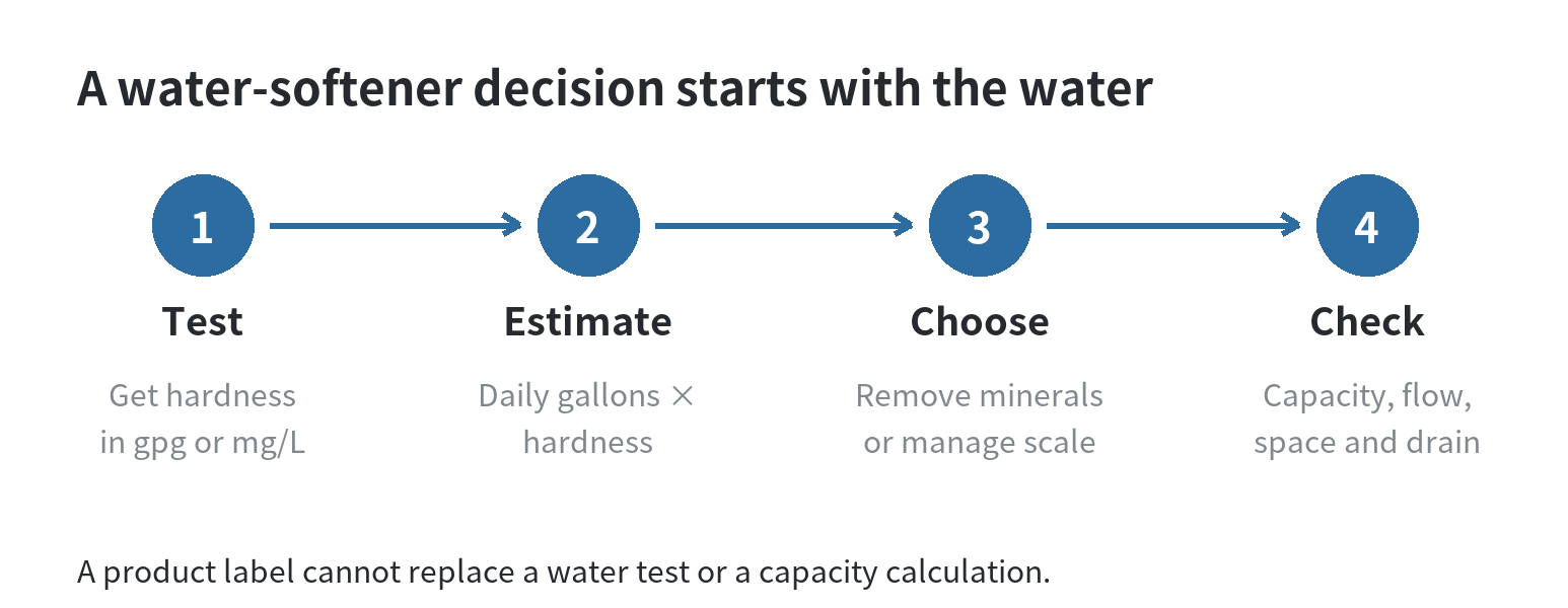Water Softener Buying Guide for Home Depot Shoppers Four-step water softener decision path: test hardness, estimate demand, choose between mineral removal and scale management, and check capacity, flow, space and drain