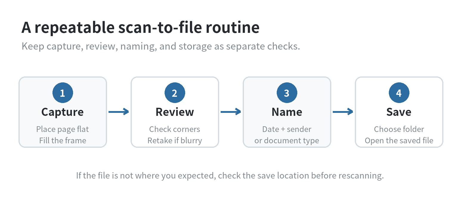 Four-step scan-to-file workflow: capture a flat page, review corners and clarity, name it, save it to a chosen folder, then open the file.