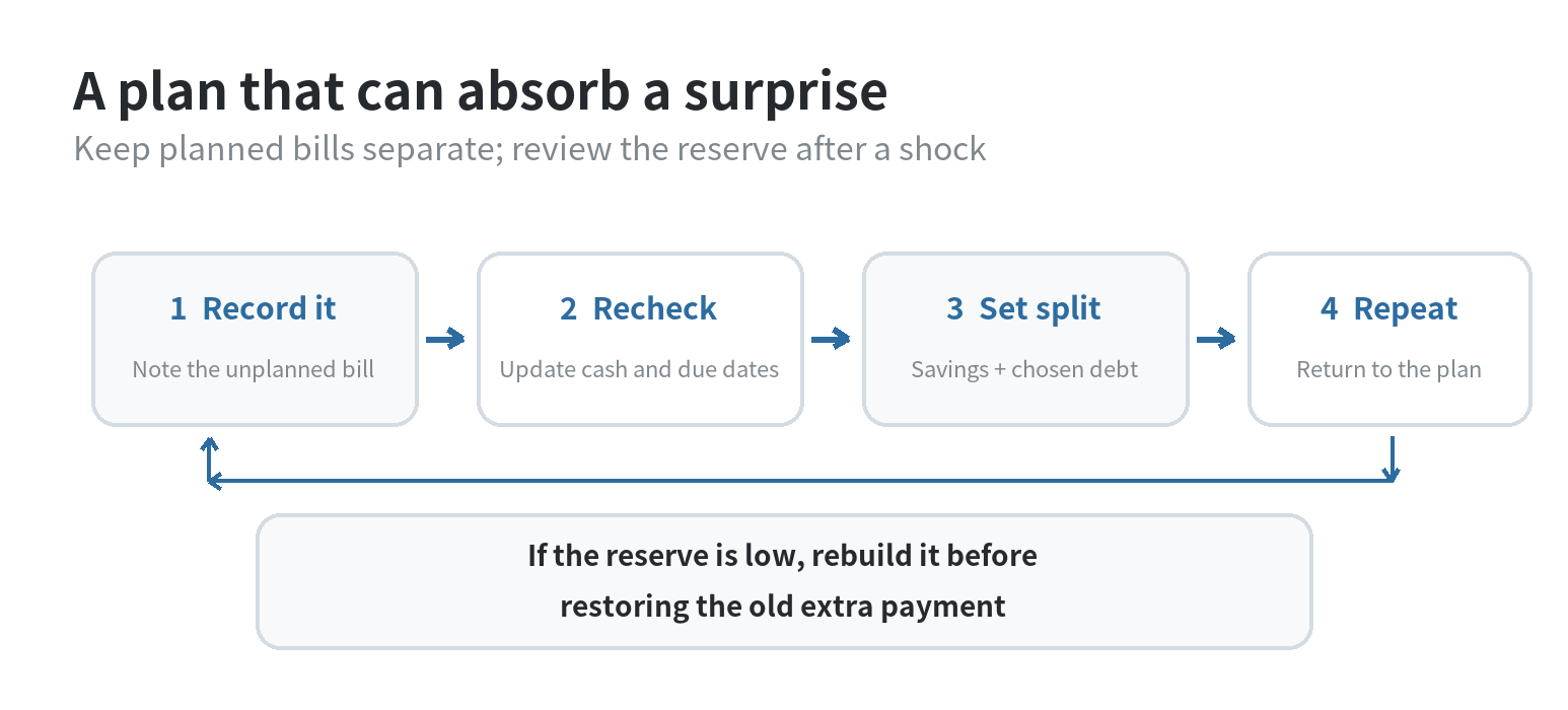 Review loop: track the cash reserve and debt balances, update the budget after a surprise expense or income change, then choose a new savings and extra-payment split.