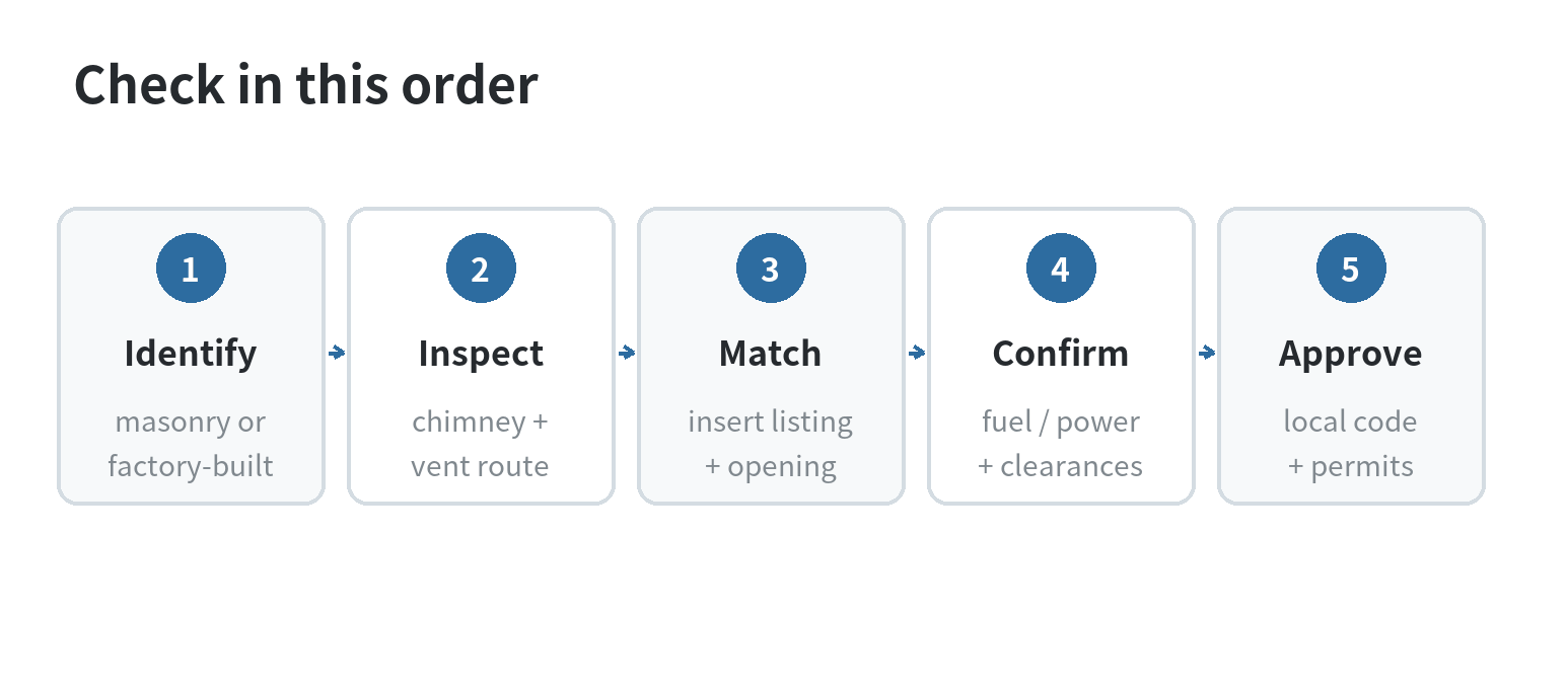 Fireplace Inserts at Home Depot: Wood, Gas, and Electric Options Compared Flow diagram showing the order for identifying the fireplace, inspecting venting, selecting a compatible insert, checking utilities and clearances, and confirming local requirements.