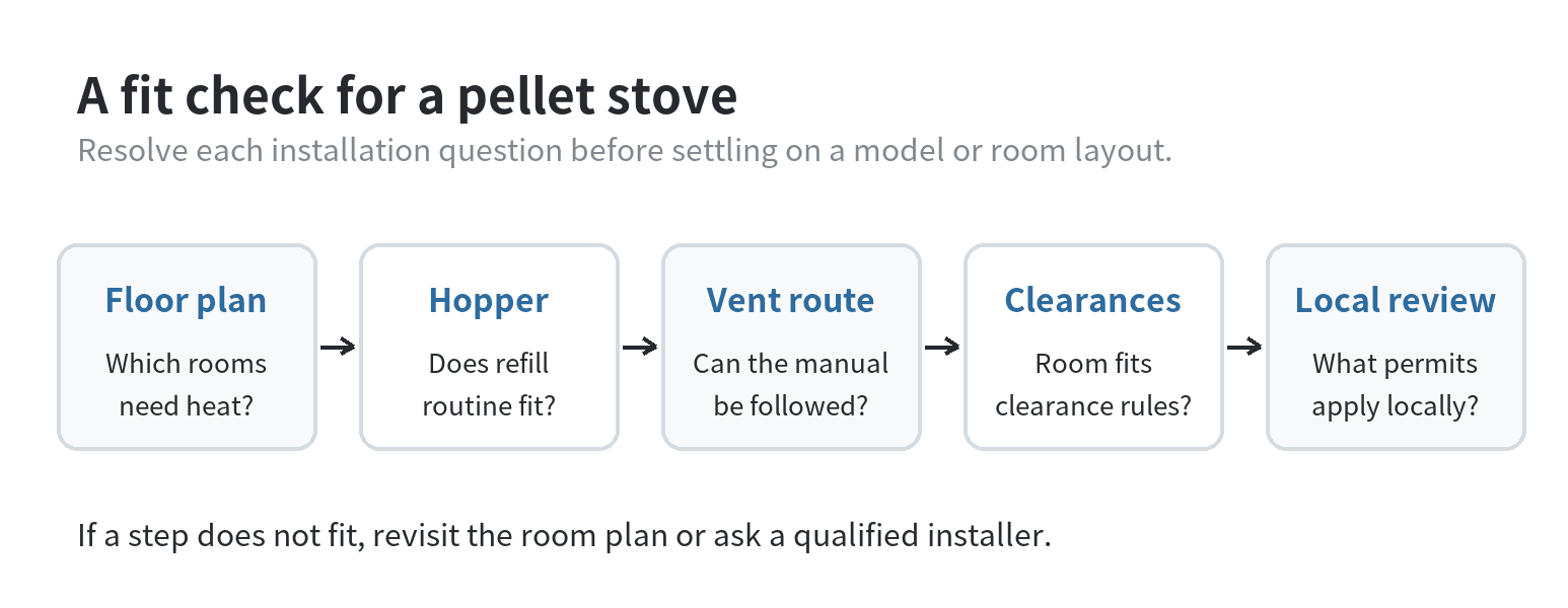 Decision flow connecting the floor plan, hopper routine, vent route, model clearances, and local permit review.