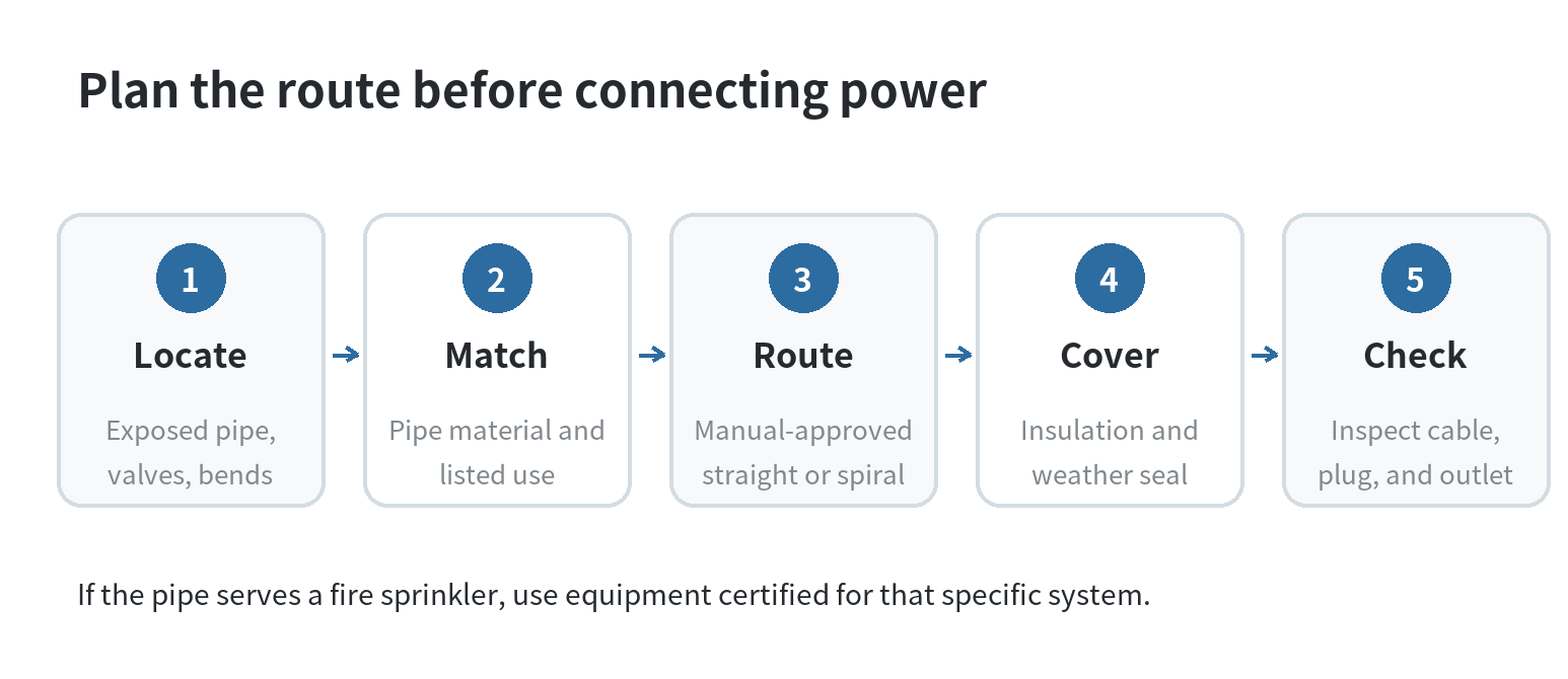 Five-step sequence: locate exposed pipe and fittings, match cable to pipe and use, route it per the manual, add insulation and weather protection, then inspect power connections