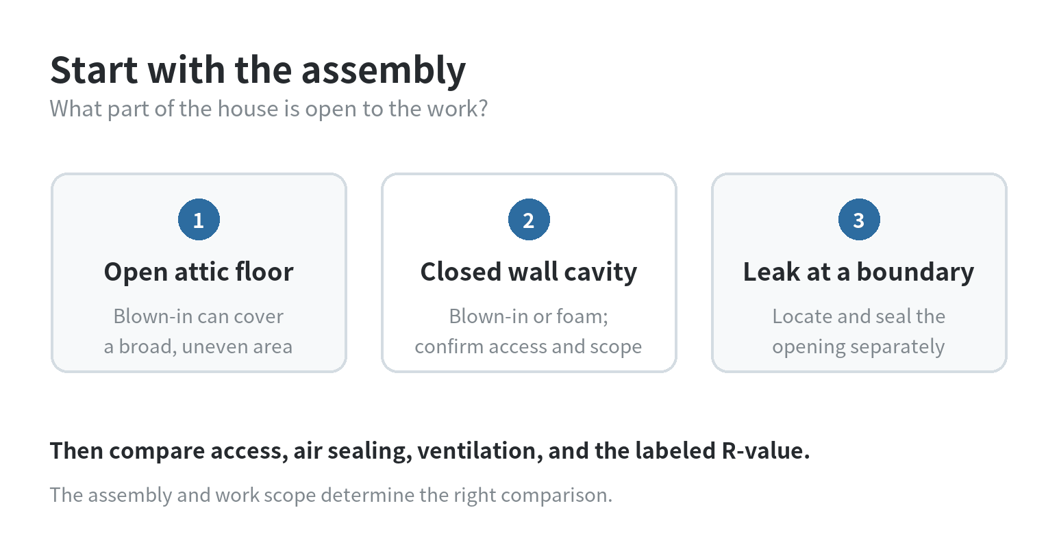 Decision path matching blown-in insulation or spray foam to an open attic floor, closed wall cavity, or air leak at a building boundary