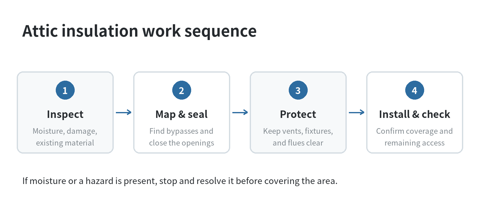Attic insulation work sequence: inspect moisture and hazards, map and seal air leaks, protect ventilation openings, then install and verify insulation