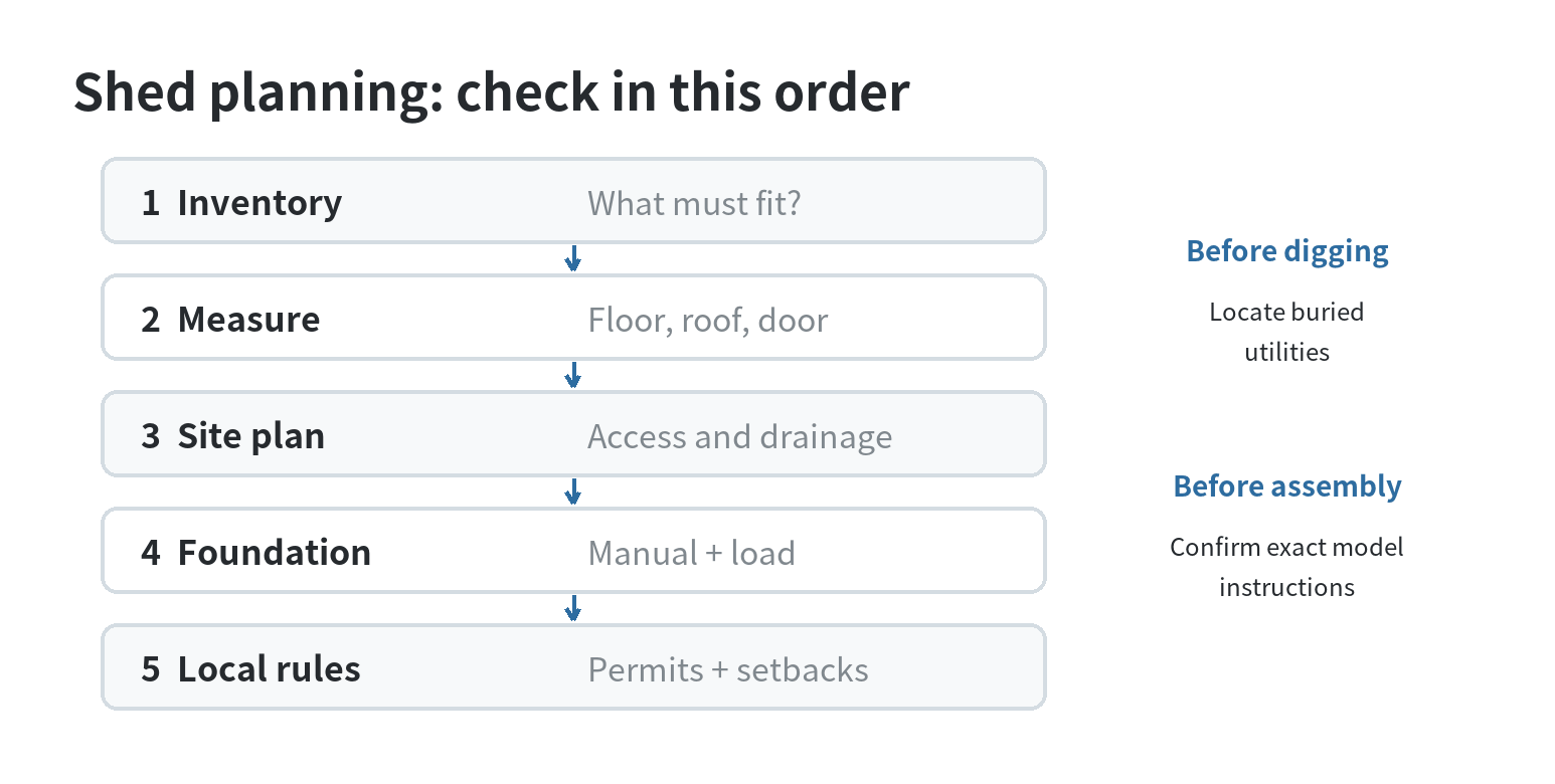 Storage Sheds at Home Depot: Sizes, Materials, and Foundation Basics Decision flow from measuring stored items through footprint, foundation, utility locating, and local permit checks.
