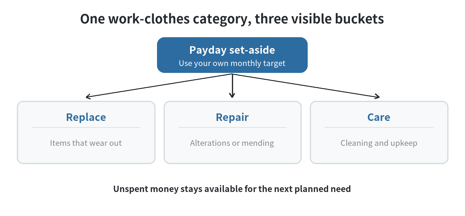 A work-clothes budget diagram splitting the monthly set-aside into planned replacements, alterations or repairs, and garment care.