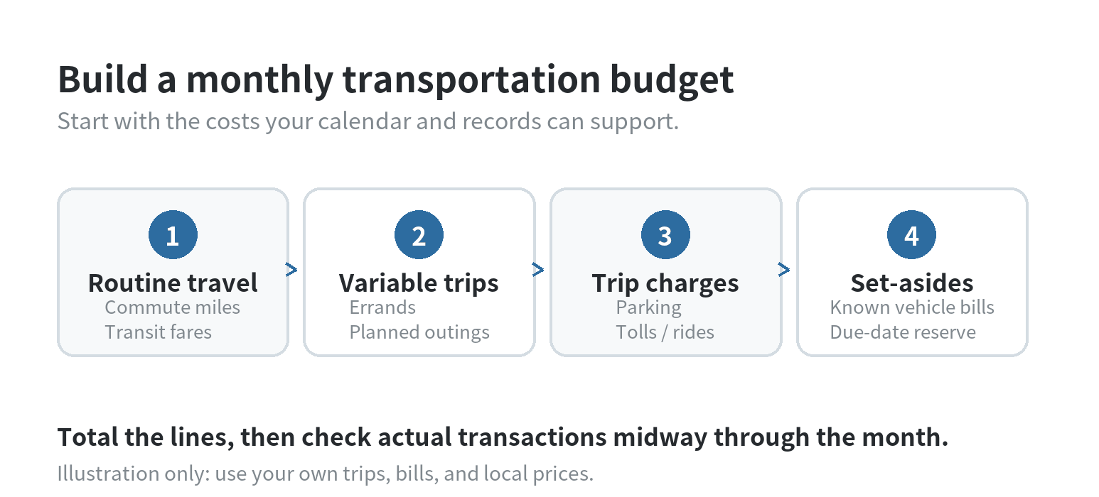 Four transportation budget inputs: routine travel, variable trips, trip charges, and planned vehicle bill set-asides, followed by a midmonth transaction check.