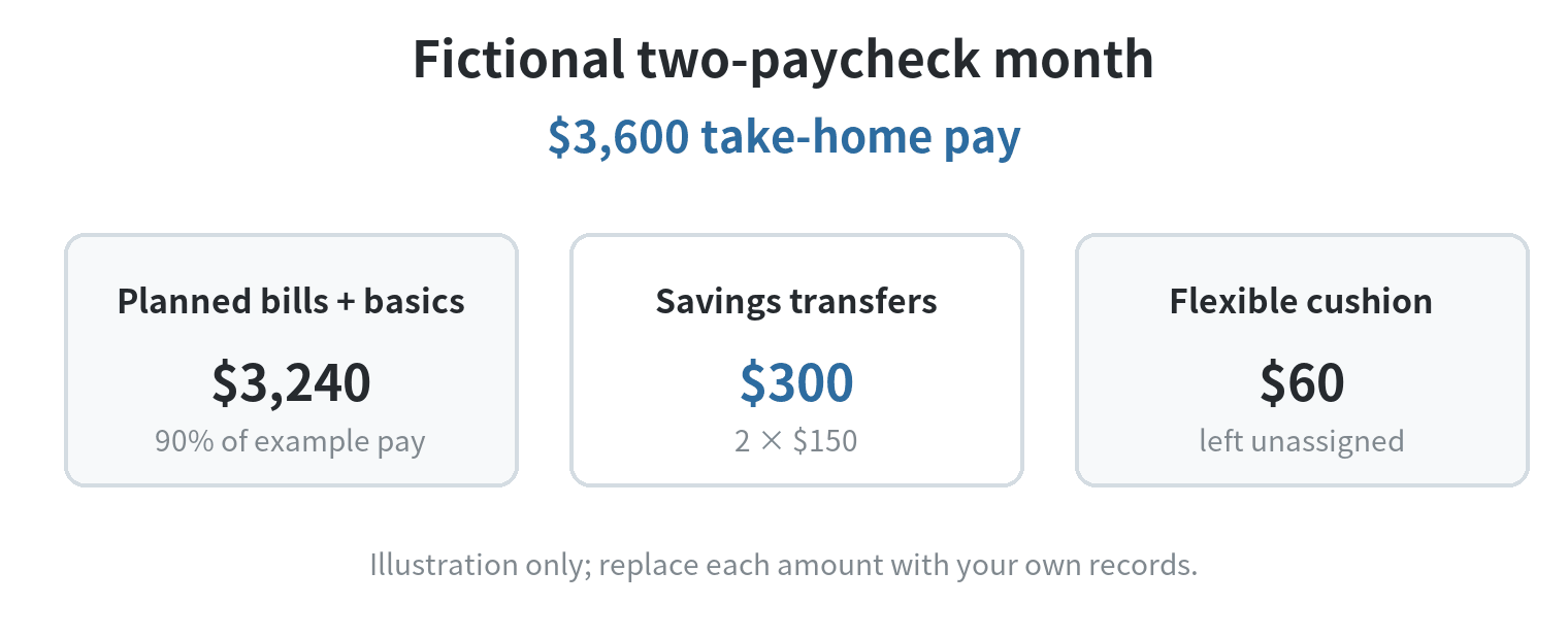Pay Yourself First: How to Build a Budget Around Saving Illustrative two-paycheck month: $3,600 take-home pay covers $3,240 in listed costs, $300 in planned savings transfers, and leaves a $60 flexible cushion.
