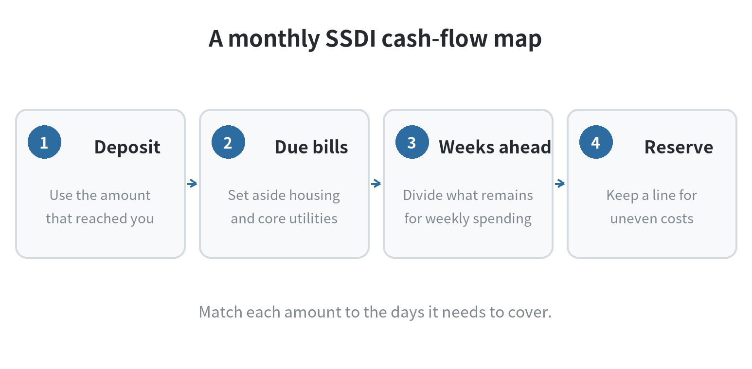 How to Budget on SSDI Monthly SSDI cash flow sequence from deposit to fixed bills, weekly spending, and a reserve