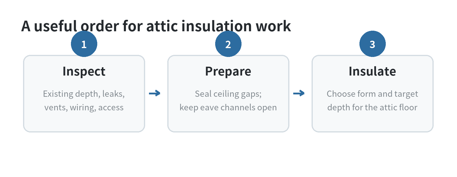 Attic Insulation and Ventilation Products from Home Depot Three-part attic work sequence: inspect the existing attic, seal ceiling air leaks and install eave baffles, then add insulation to the selected target depth