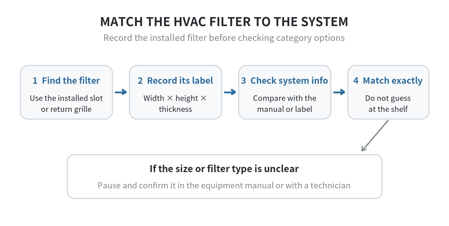 A four-step flow diagram: find the installed filter, record its width, height, and thickness, compare the information with the HVAC manual or equipment label, and match the filter exactly; pause to confirm if unclear.
