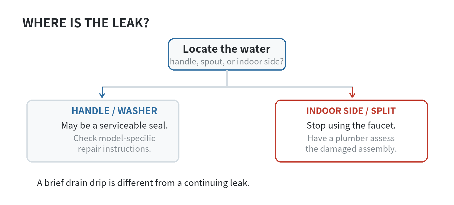 Decision flow for a leaking outdoor faucet: a handle or washer leak may be repairable, while water inside the wall or a split tube needs the water shut off and a plumber to assess replacement.